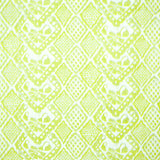 Detail of fabric in a lacey diamond print in white on a yellow field.