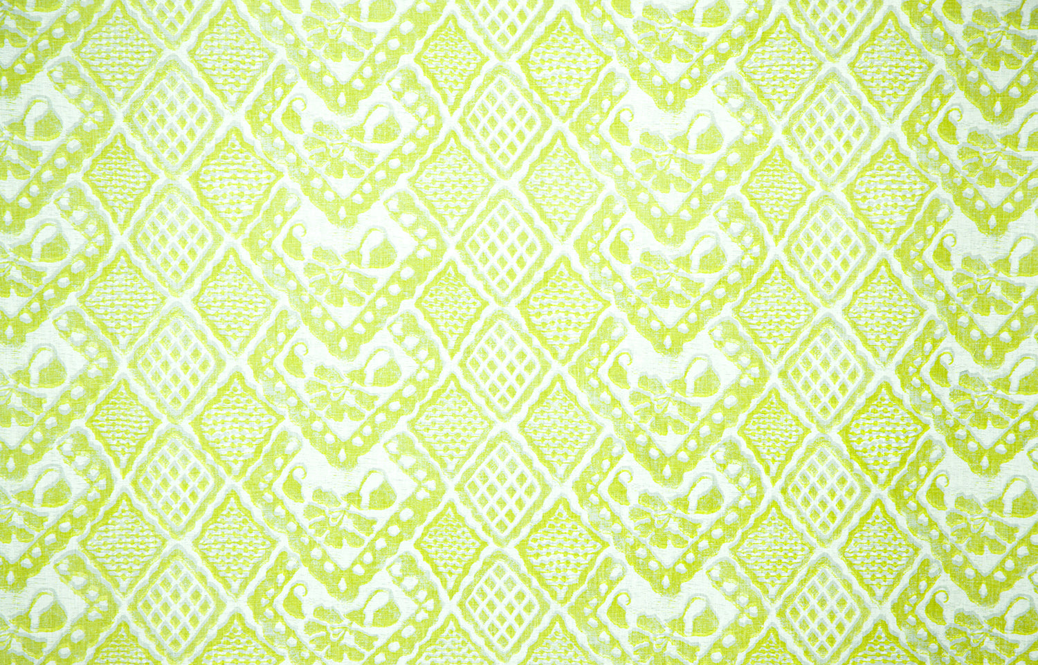 Detail of fabric in a lacey diamond print in white on a yellow field.