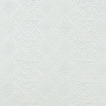Detail of fabric in a lacey diamond print in white.