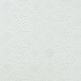 Detail of fabric in a lacey diamond print in white.