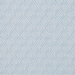 Detail of wallpaper in a diamond lattice print in white on a light blue field.