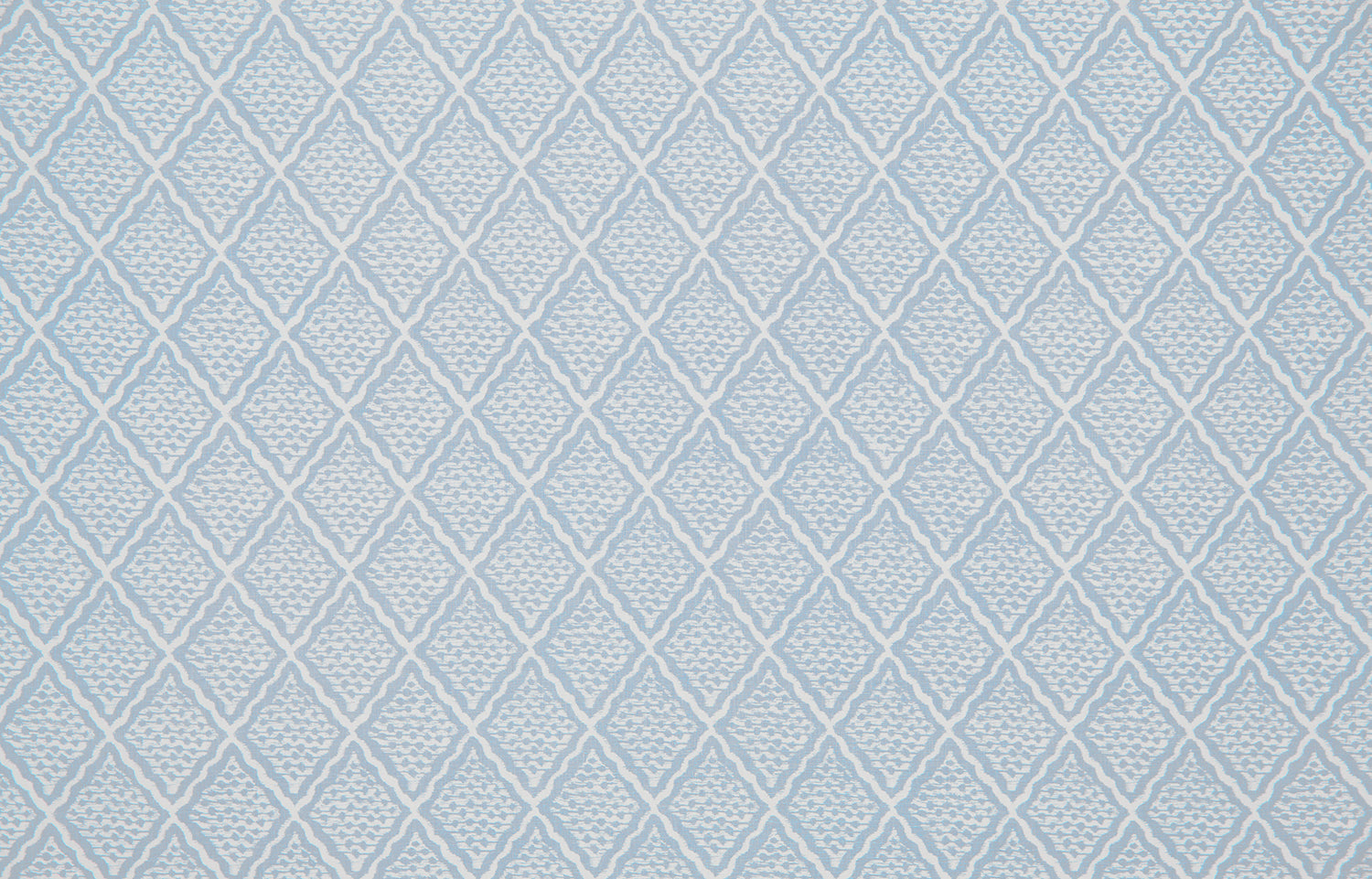 Detail of wallpaper in a diamond lattice print in white on a light blue field.