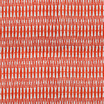 Detail of fabric in a small-scale geometric stripe print in red and white.