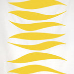 Detail of fabric in an abstract wave print in yellow on a white field.