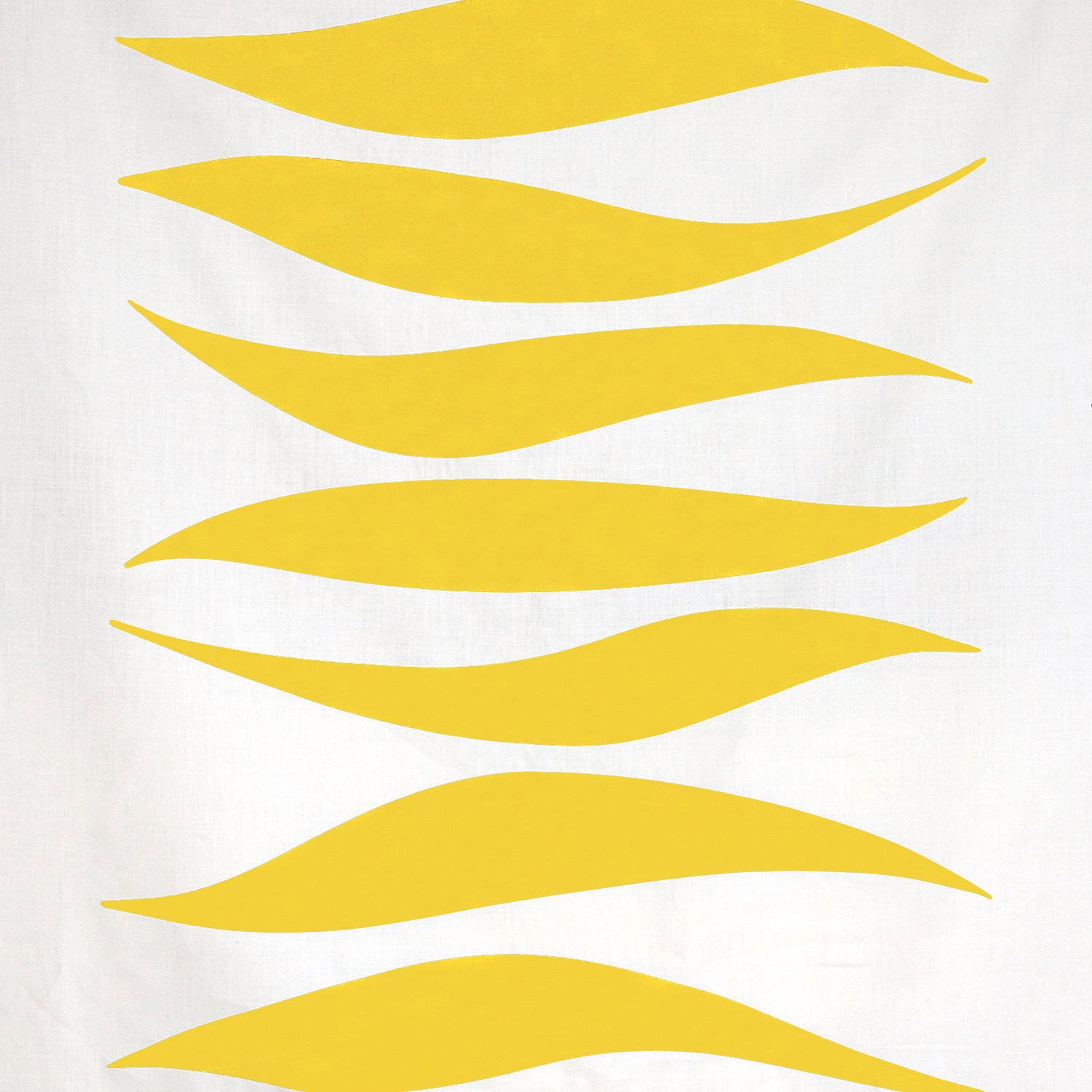Detail of fabric in an abstract wave print in yellow on a white field.