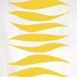 Detail of fabric in an abstract wave print in yellow on a white field.