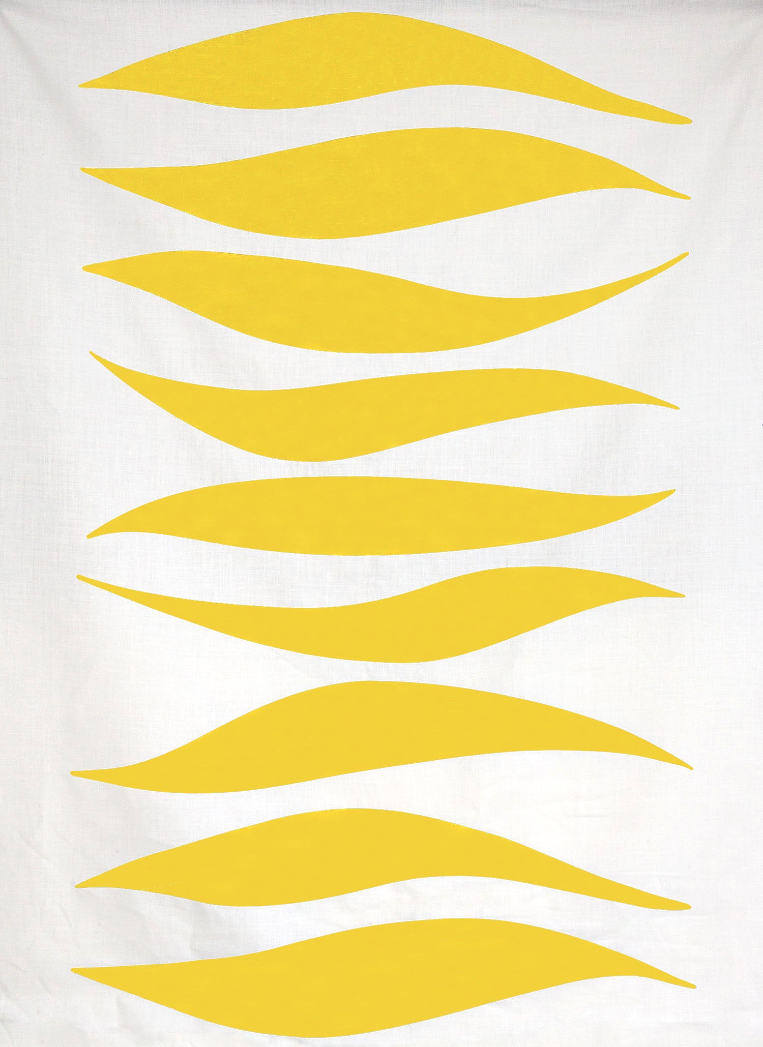 Detail of fabric in an abstract wave print in yellow on a white field.