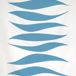 Detail of fabric in an abstract wave print in blue-gray on a white field.