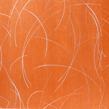 Detail of a wallpaper in an abstract curved line pattern in metallic silver on an orange field.