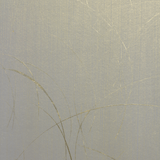 Detail of a wallpaper in an abstract curved line pattern in metallic gold on a silver field.