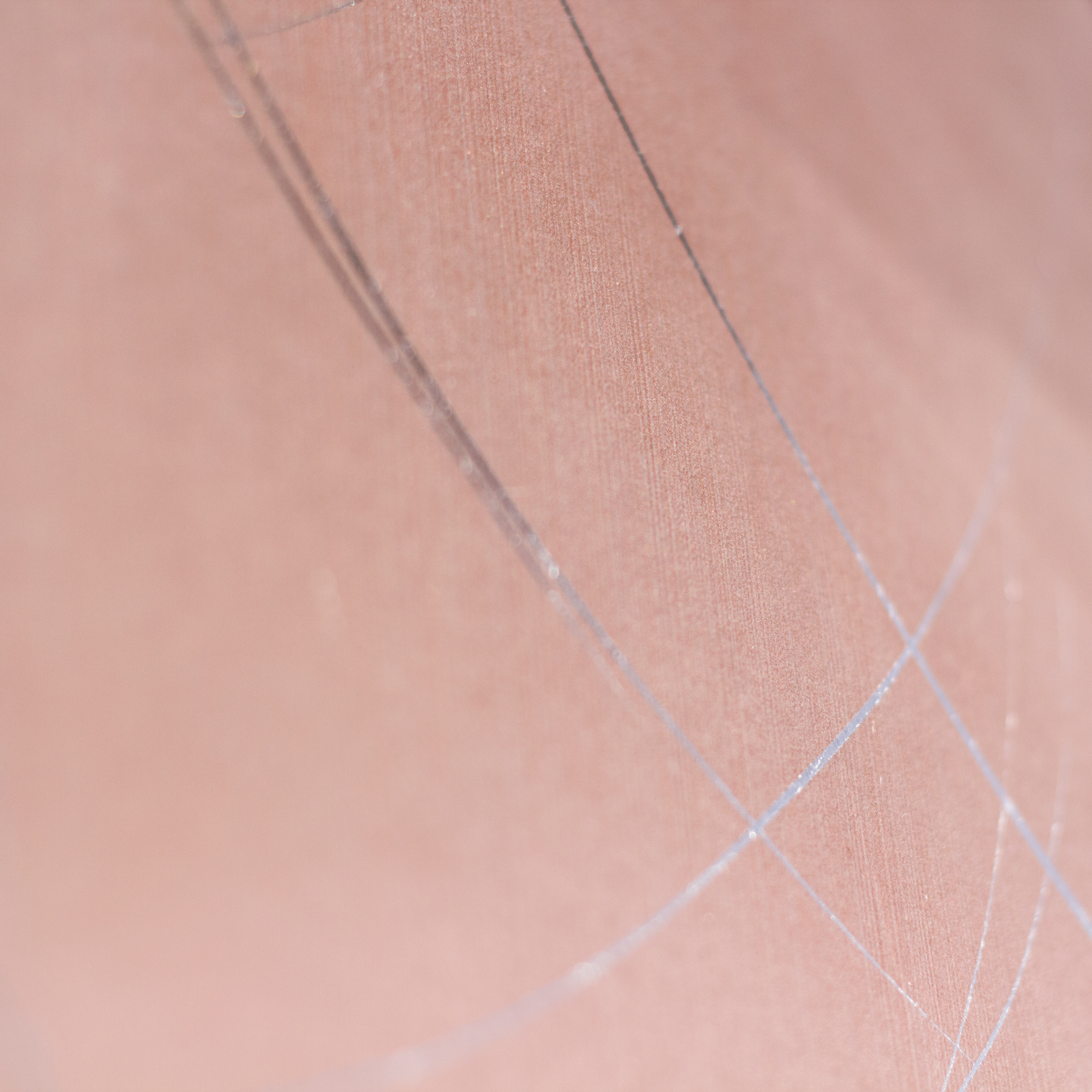 Wide-angle shot of wallpaper in an abstract curved line pattern in silver on a pink field.