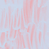 Wallpaper in an abstract paint print in light blue on a pink field.