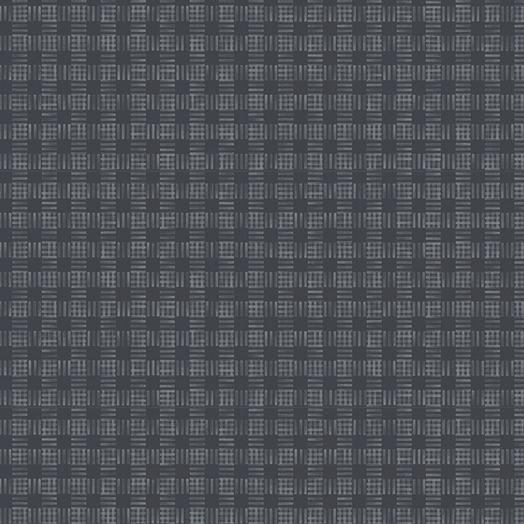 Detail of a wallpaper in a dense plaid pattern in shades of navy.