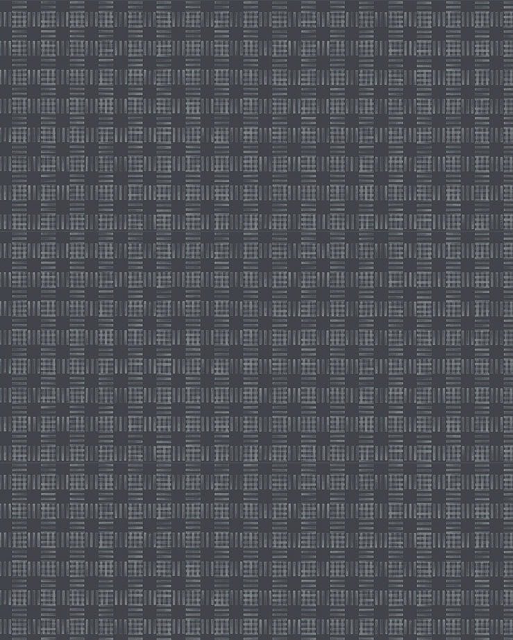 Detail of a wallpaper in a dense plaid pattern in shades of navy.