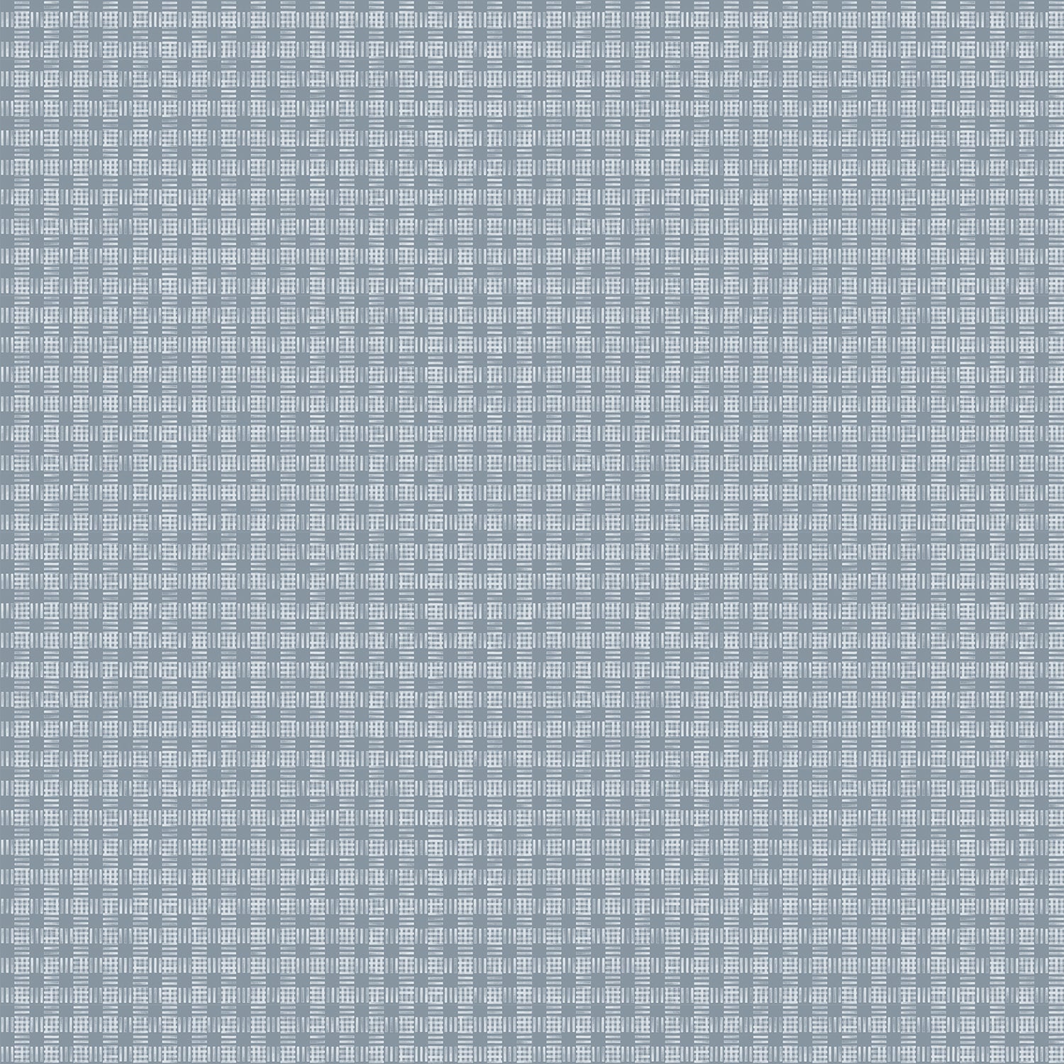 Wallpaper in a dense plaid pattern in shades of blue-gray.