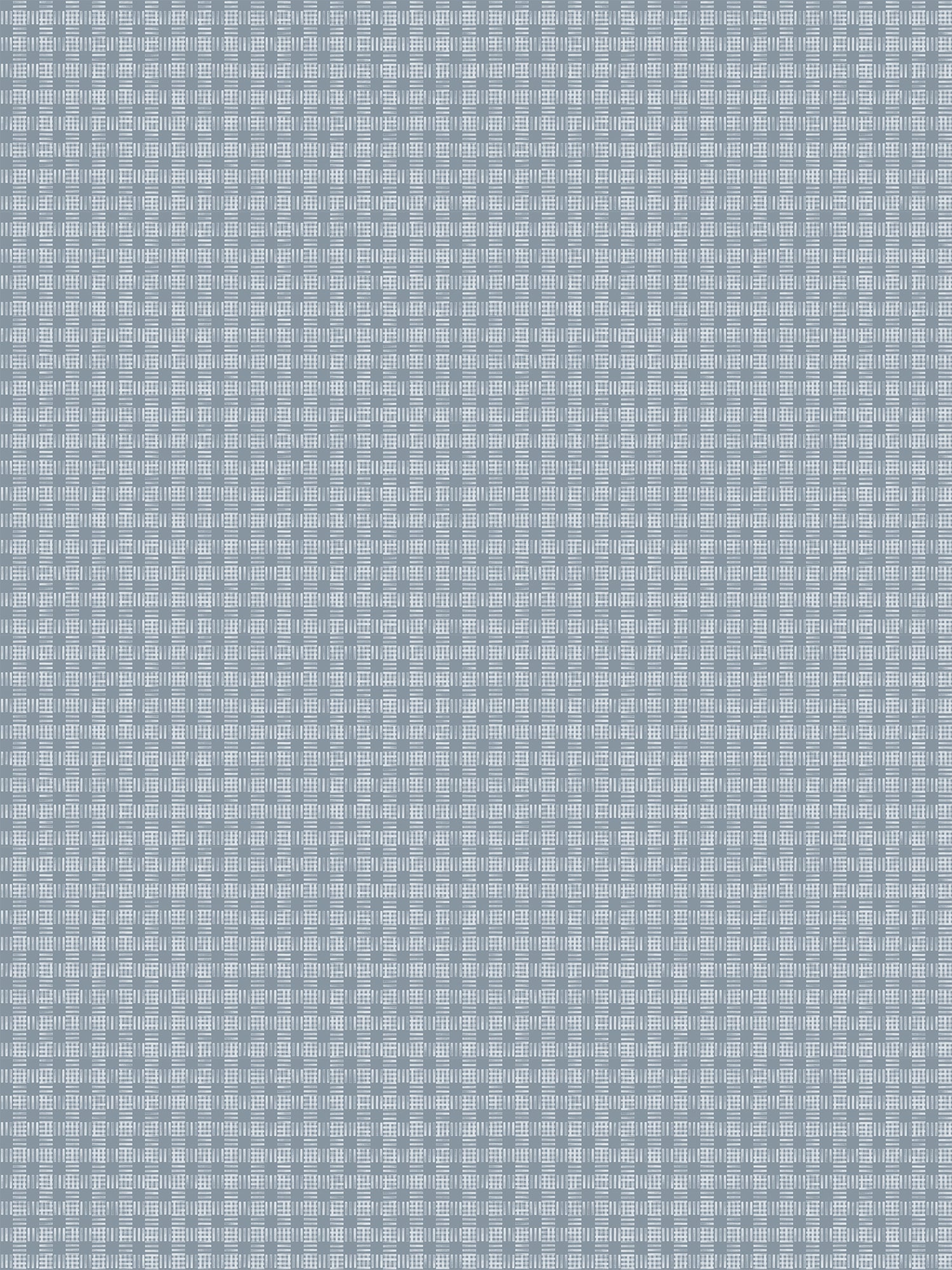 Wallpaper in a dense plaid pattern in shades of blue-gray.