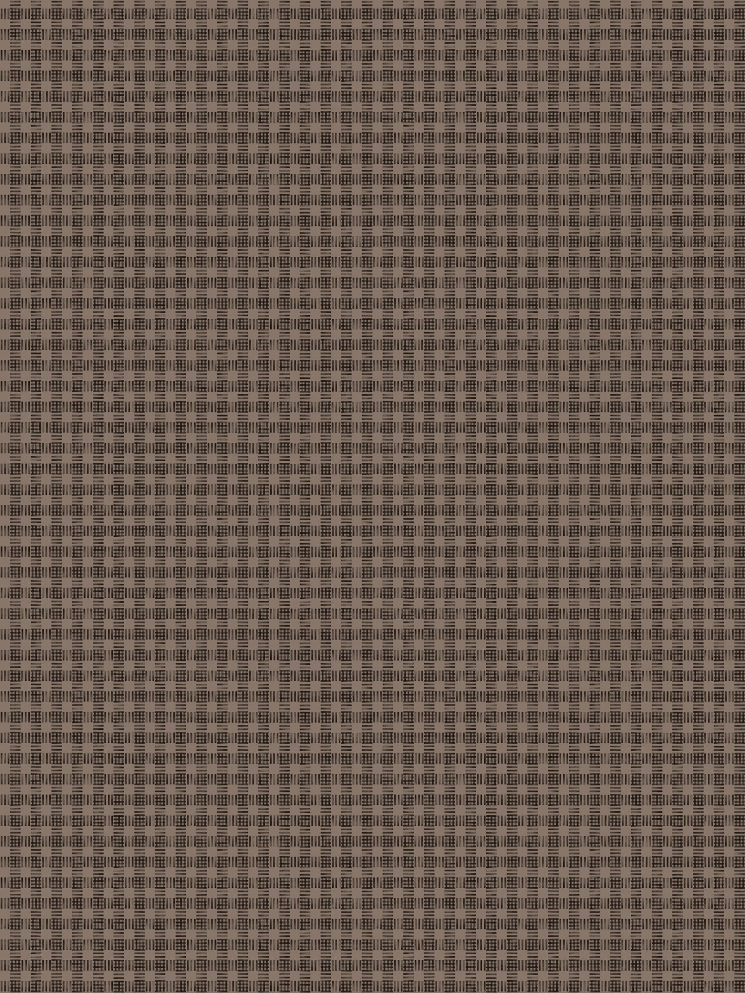 Wallpaper in a dense plaid pattern in shades of brown.
