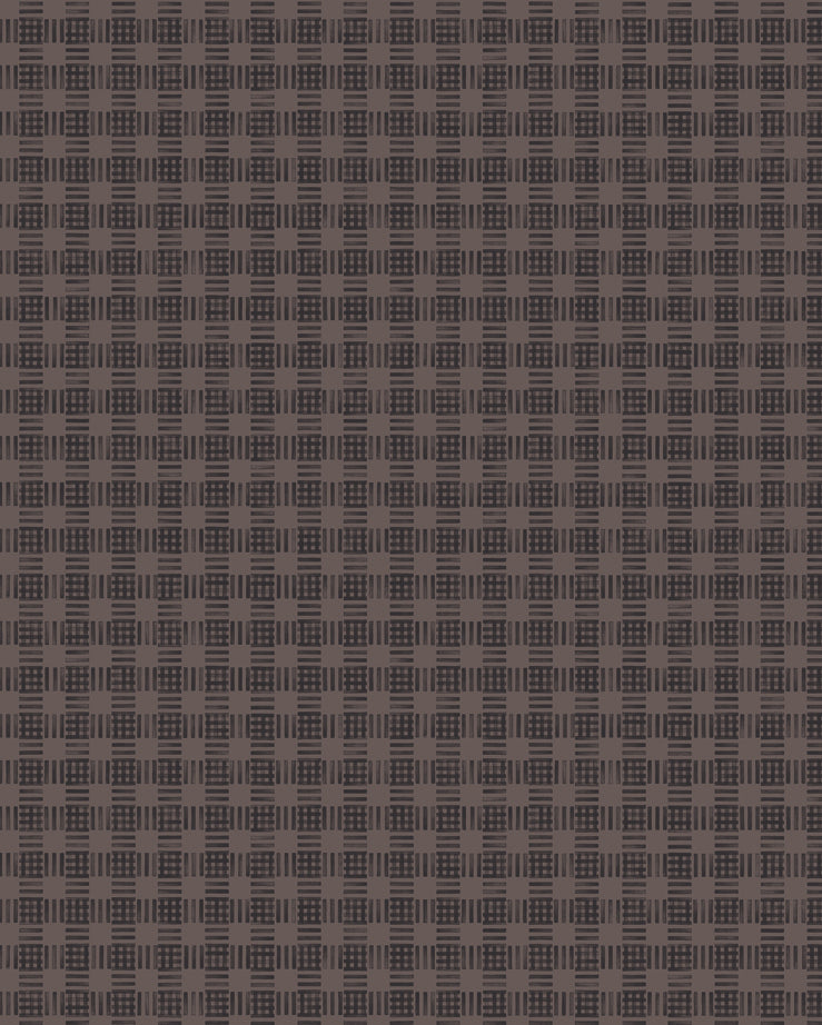 Wallpaper in a dense plaid pattern in shades of brown.