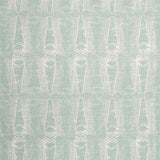 Detail of fabric in an abstract geometric print in light green and gray.
