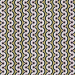 Detail of fabric in a playful curving stripe print in black, pink and white on a gold field.