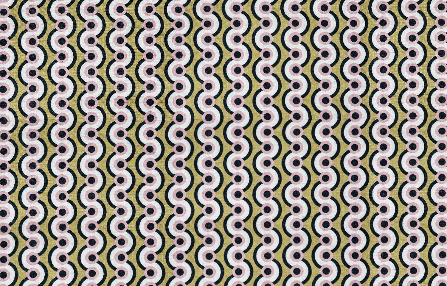 Detail of fabric in a playful curving stripe print in black, pink and white on a gold field.