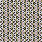 Detail of fabric in a playful curving stripe print in black, pink and white on a gold field.