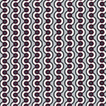 Detail of fabric in a playful curving stripe print in gray, purple and white on a light gray field.