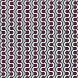 Detail of fabric in a playful curving stripe print in gray, purple and white on a light gray field.