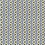 Detail of fabric in a playful curving stripe print in black, olive and white on a gray field.