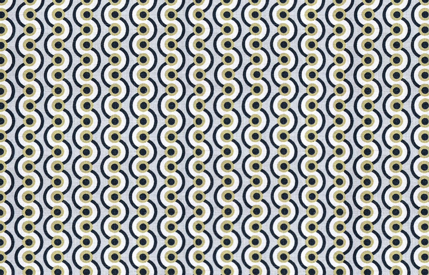 Detail of fabric in a playful curving stripe print in black, olive and white on a gray field.