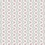 Detail of wallpaper in a playful curving stripe print in white, purple and gray on a light gray field.