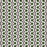 Detail of wallpaper in a playful curving stripe print in black, white and green on a light pink field.