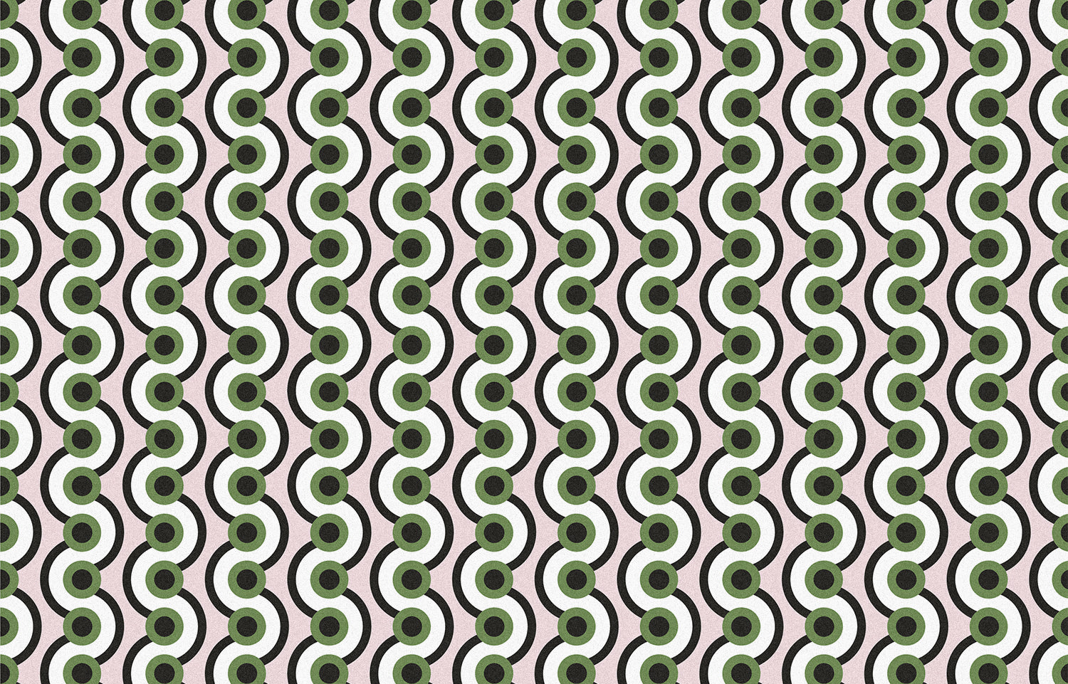 Detail of wallpaper in a playful curving stripe print in black, white and green on a light pink field.