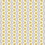 Detail of wallpaper in a playful curving stripe print in white, yellow and gray on a light gray field.