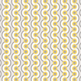 Detail of wallpaper in a playful curving stripe print in white, yellow and gray on a light gray field.