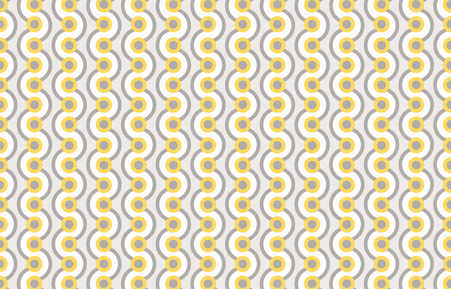 Detail of wallpaper in a playful curving stripe print in white, yellow and gray on a light gray field.