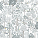 Detail of wallpaper in a playful tree print in gray, blue and yellow on a white field.