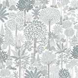 Detail of wallpaper in a playful tree print in gray, blue and yellow on a white field.