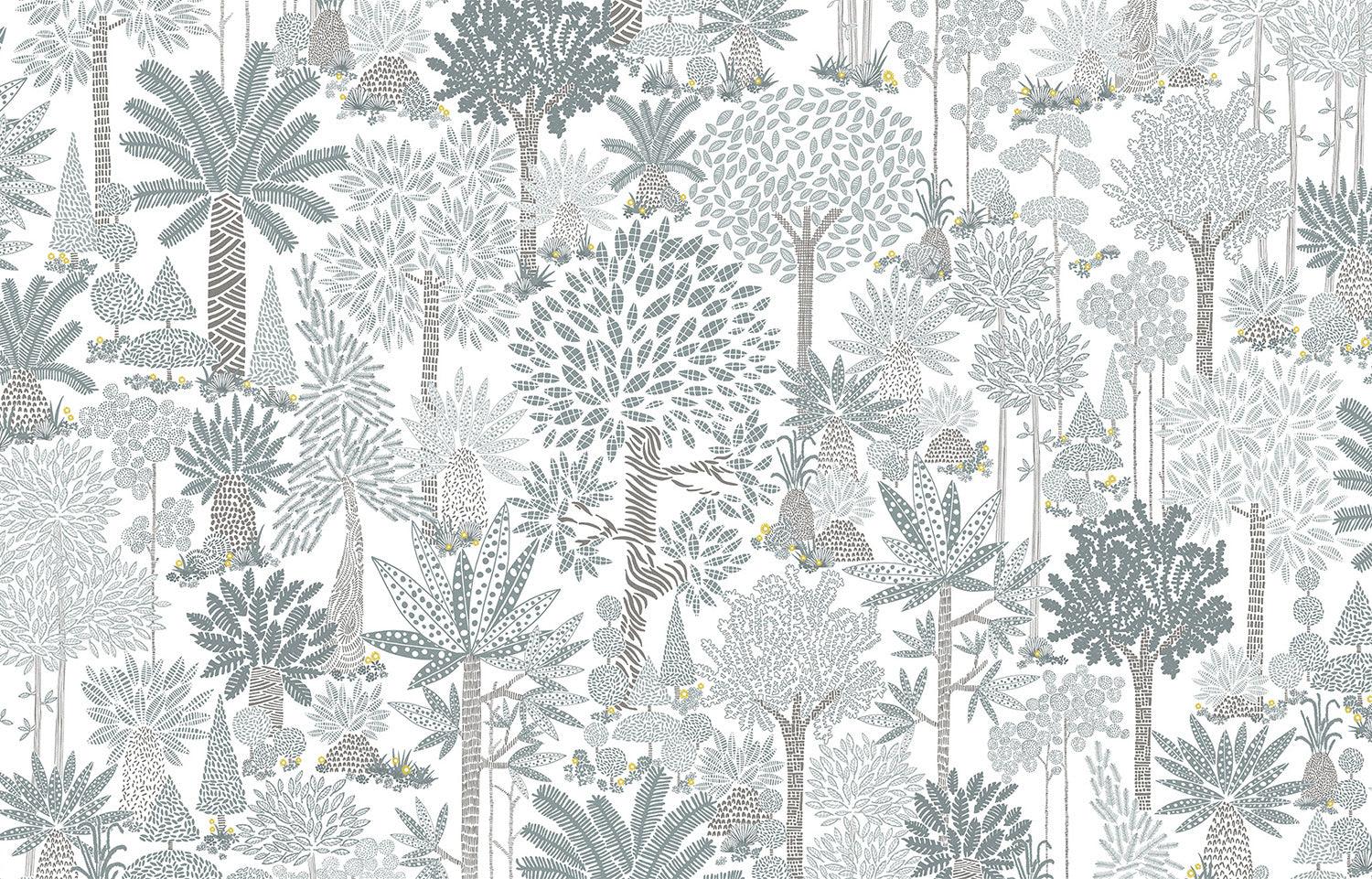 Detail of wallpaper in a playful tree print in gray, blue and yellow on a white field.