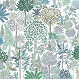 Detail of wallpaper in a playful tree print in green, blue and brown on a white field.