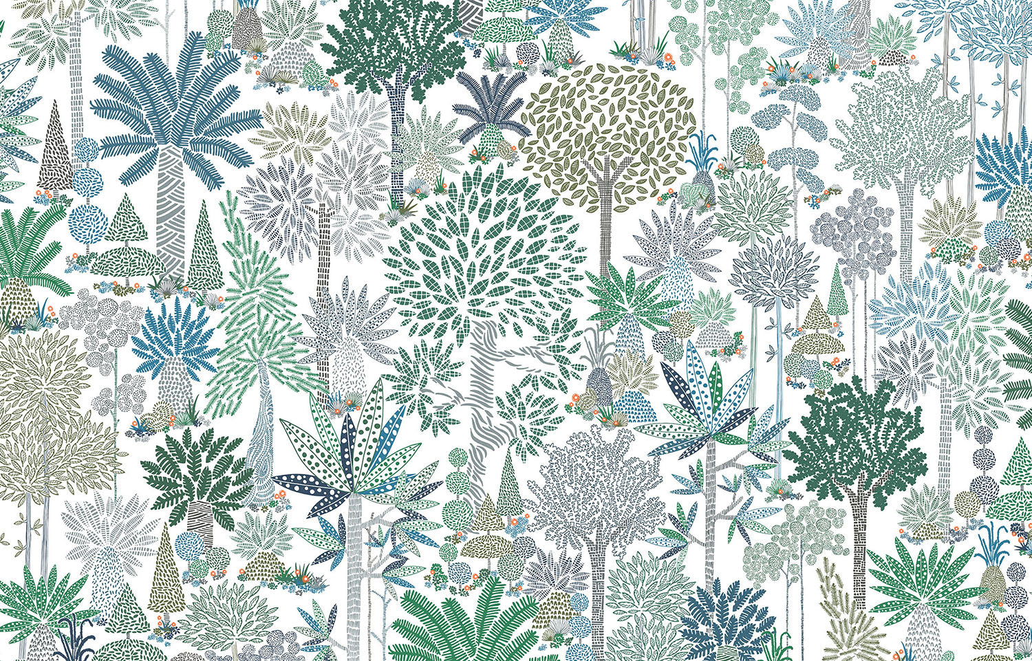 Detail of wallpaper in a playful tree print in green, blue and brown on a white field.