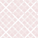 Detail of fabric in a dotted plaid pattern in shades of pink on a white field.
