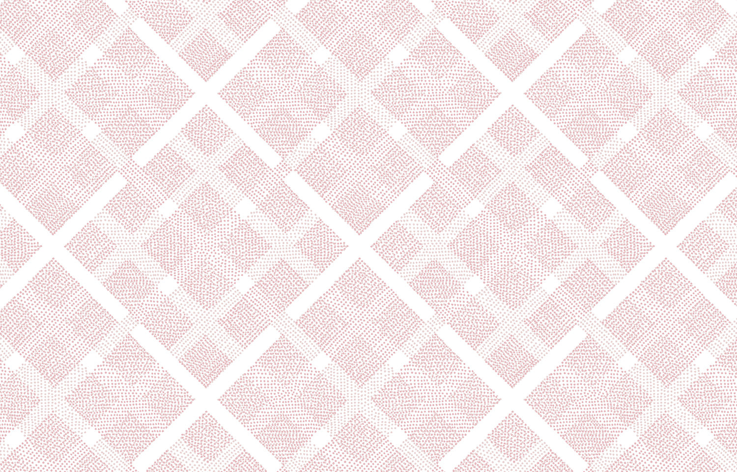 Detail of fabric in a dotted plaid pattern in shades of pink on a white field.