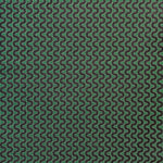 Detail of fabric in a playful curving stripe in gray on a green field.