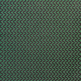 Detail of fabric in a playful curving stripe in gray on a green field.