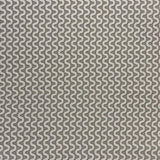 Detail of fabric in a playful curving stripe in cream on a gray field.