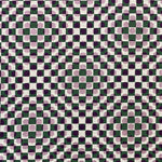 Detail of fabric in a geometric check and polka dot pattern in pink, black, cream and green.