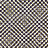Detail of fabric in a geometric check and polka dot pattern in purple, gold, cream and black.