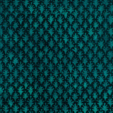 Detail of wallpaper in a repeating botanical grid print in turquoise on a black field.