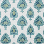 Detail of wallpaper in a botanical damask print in shades of blue, green and navy on a cream field.